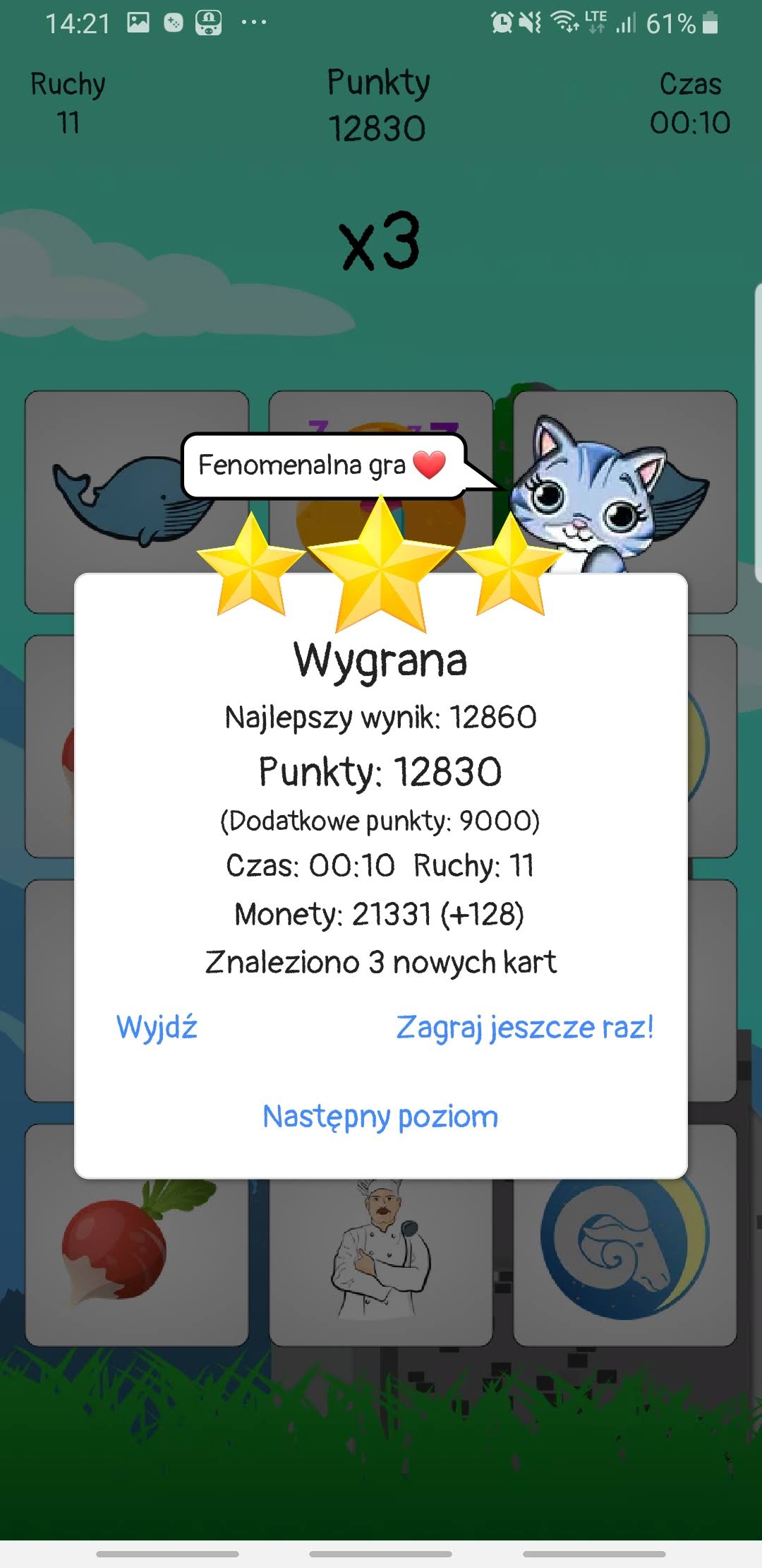 Ekran wygranej Cards Matching z wynikiem, czasem, ruchami i nowymi kartami
